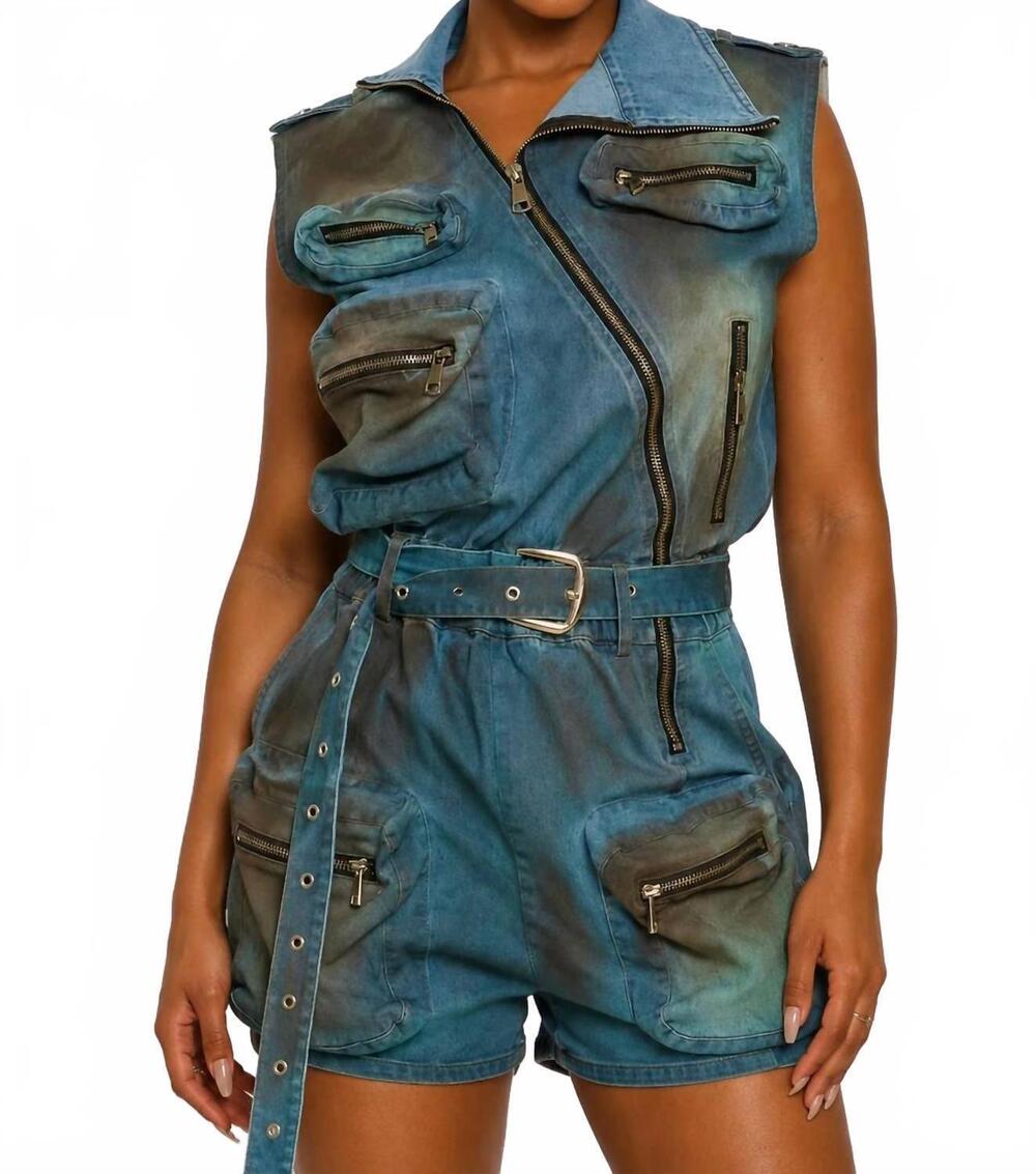 NEW ATHINA zipper utility romper in blue multi
